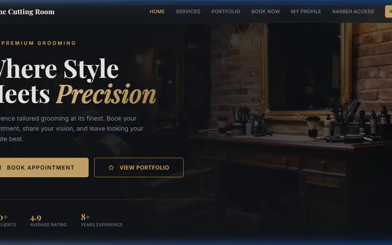The Cutting Room barbershop homepage with a dark precision-styling theme